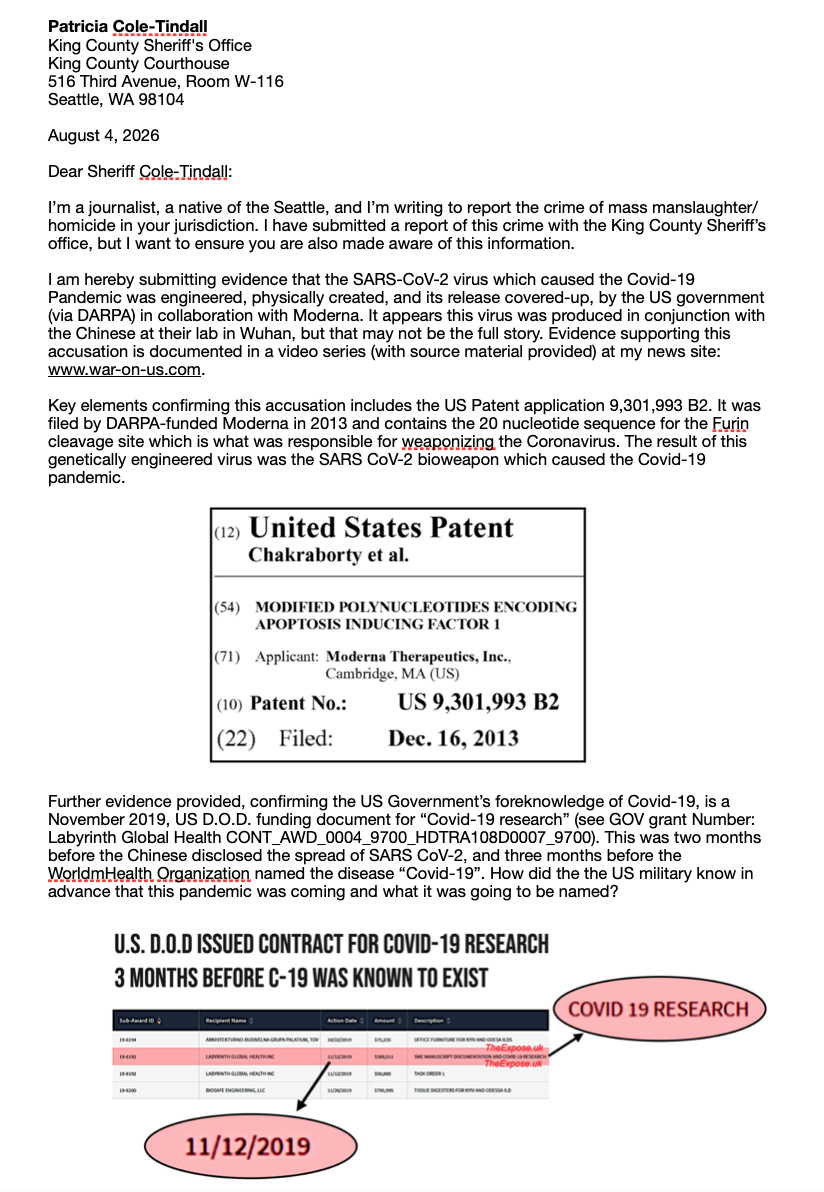 Letter to King County Sheriff Patricia Cole-Tindall, page 1